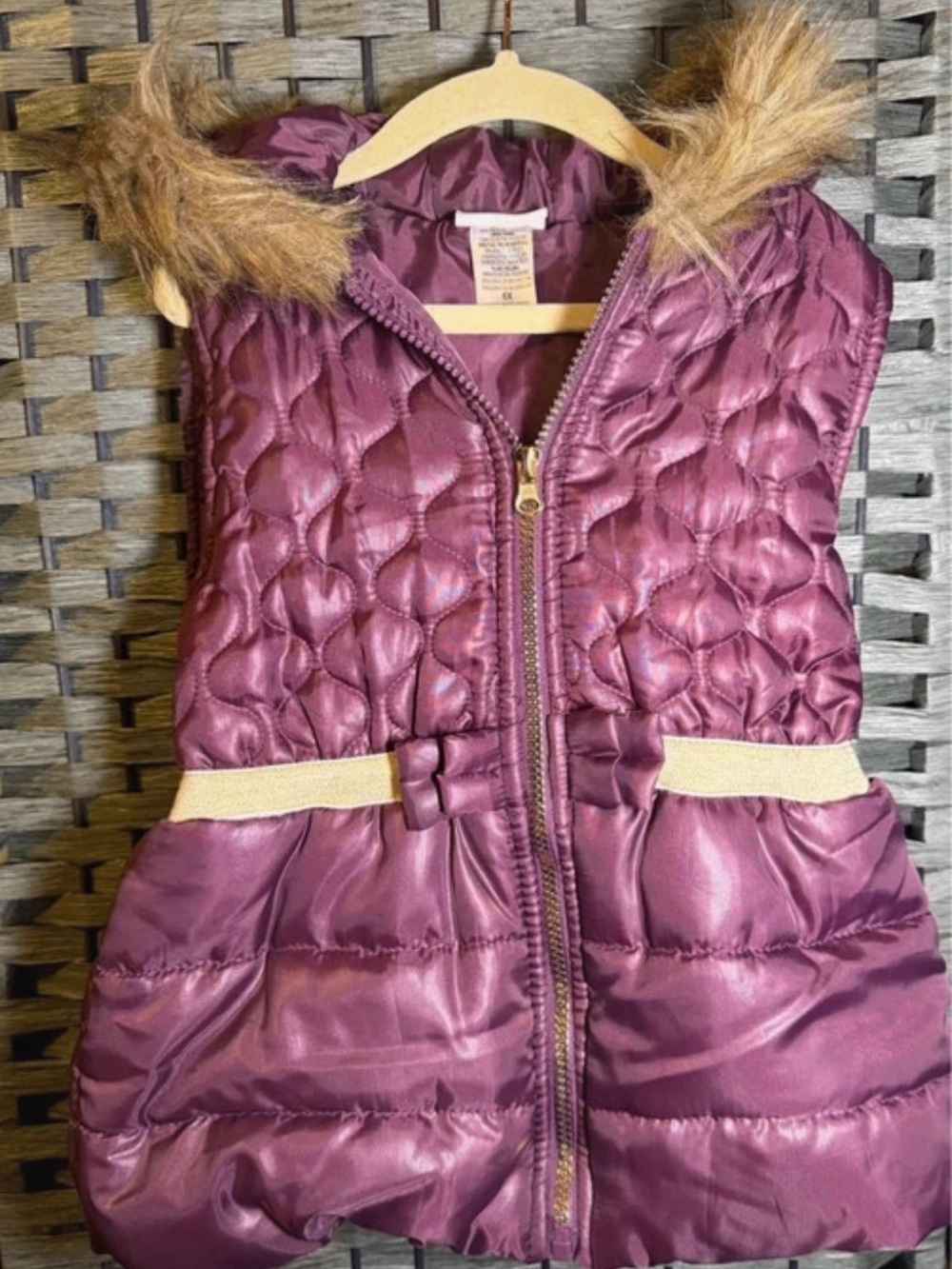 Little Lass Purple Quilted Hooded Puffer Vest with Faux Fur Trim